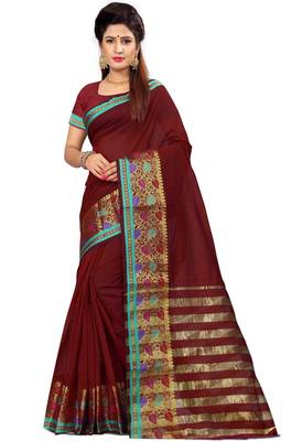 Maroon woven cotton silk saree with blouse 1