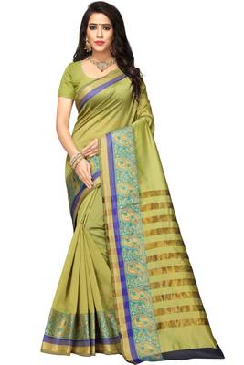 Olive woven cotton silk saree with blouse 1