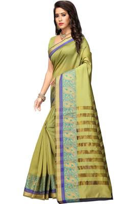 Olive woven cotton silk saree with blouse 2