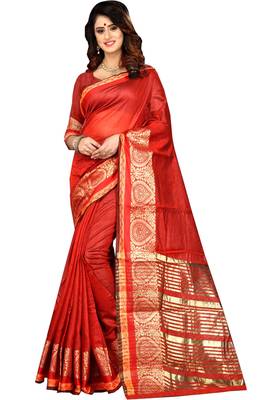 Red woven cotton silk saree with blouse 1