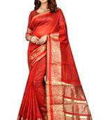 Red woven cotton silk saree with blouse