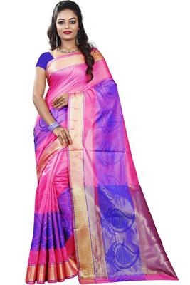 Pink woven cotton silk saree with blouse 1