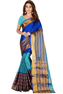 Blue woven cotton saree with blouse 1
