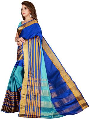 Blue woven cotton saree with blouse 2
