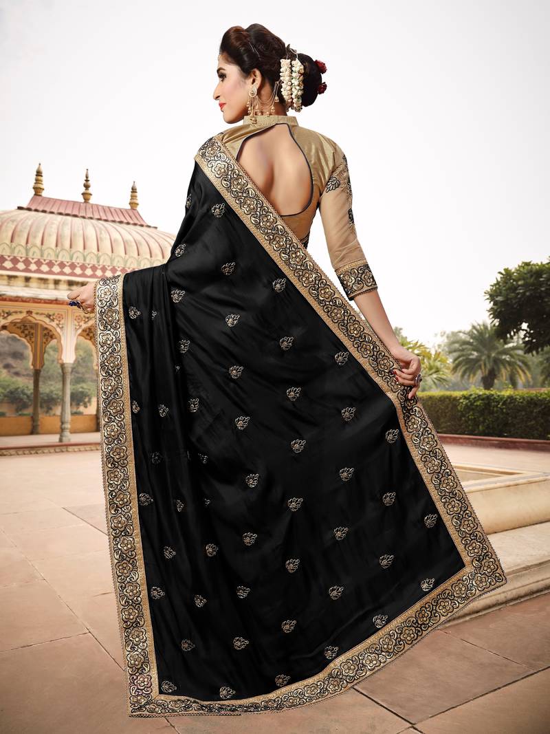 Trendmalls Light Black Silk Fabric Embroidery Designer Indian Wedding Saree with Blouse