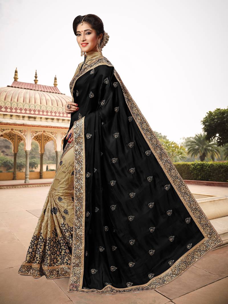 Trendmalls Light Black Silk Fabric Embroidery Designer Indian Wedding Saree with Blouse