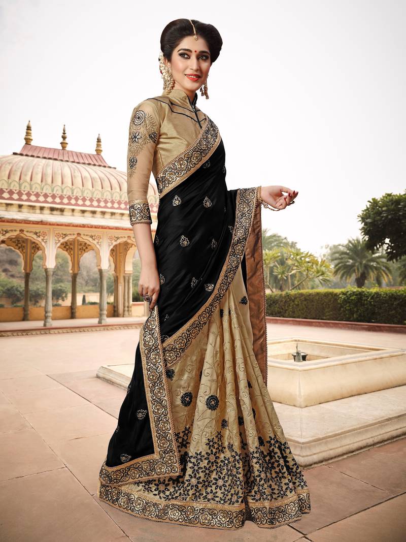Trendmalls Light Black Silk Fabric Embroidery Designer Indian Wedding Saree with Blouse
