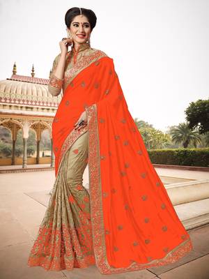 Trendmalls Light Orange Silk Fabric Embroidery Designer Indian Wedding Saree with Blouse 1