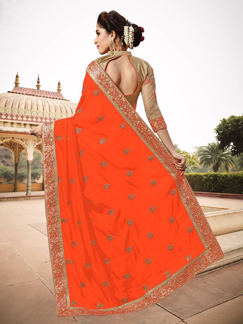 Trendmalls Light Orange Silk Fabric Embroidery Designer Indian Wedding Saree with Blouse