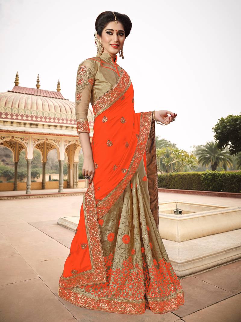 Trendmalls Light Orange Silk Fabric Embroidery Designer Indian Wedding Saree with Blouse