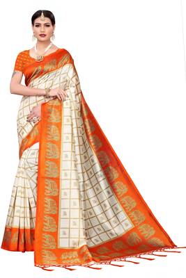 Orange printed art silk saree with blouse 1