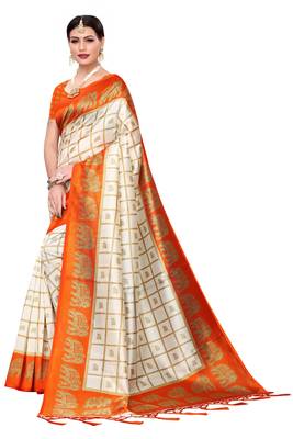 Orange printed art silk saree with blouse 2