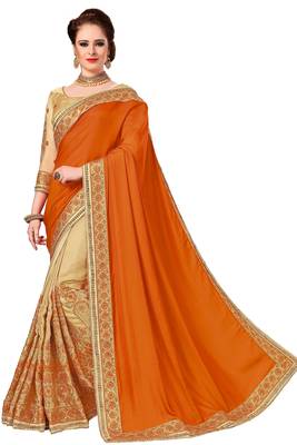 orange embroidered art silk and net saree with blouse 1