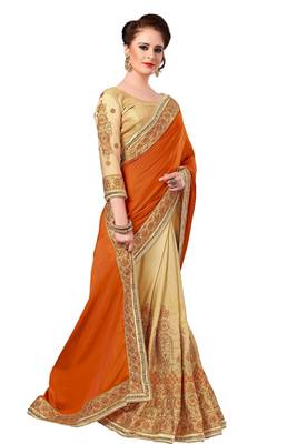 orange embroidered art silk and net saree with blouse 3