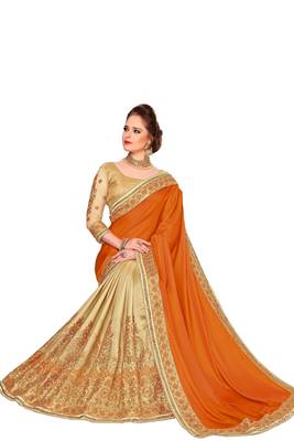orange embroidered art silk and net saree with blouse 4