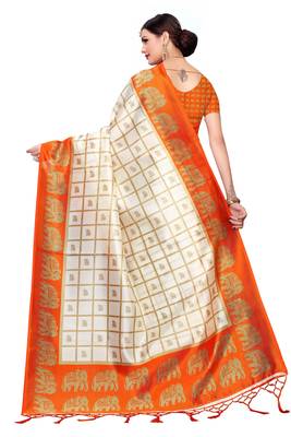 Orange printed art silk saree with blouse 4
