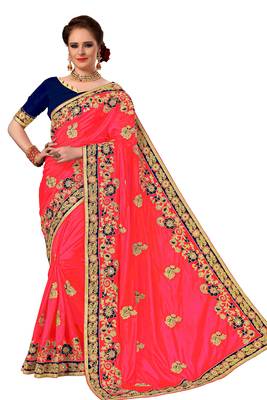 pink embroidered art silk saree with blouse 1