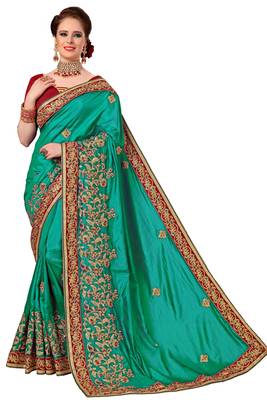 Turquoise Embroidered art silk Saree with blouse 1