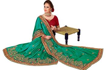 Turquoise Embroidered art silk Saree with blouse 4