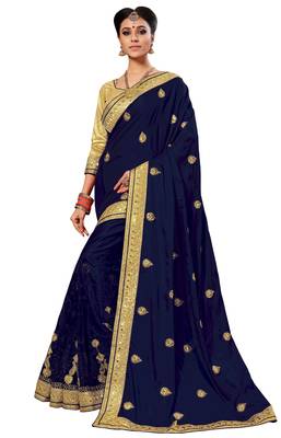 Trendmalls Navy Blue embroidered art silk   Traditional Wedding Party Wear Bridal Saree With Blouse   1