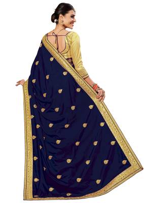 Trendmalls Navy Blue embroidered art silk   Traditional Wedding Party Wear Bridal Saree With Blouse   2