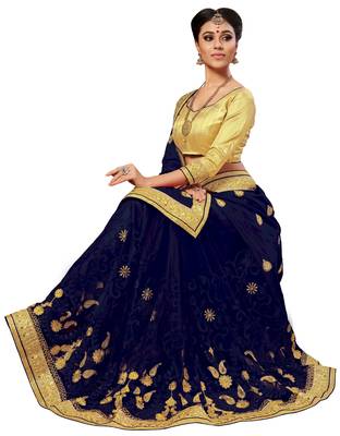 Trendmalls Navy Blue embroidered art silk   Traditional Wedding Party Wear Bridal Saree With Blouse   3