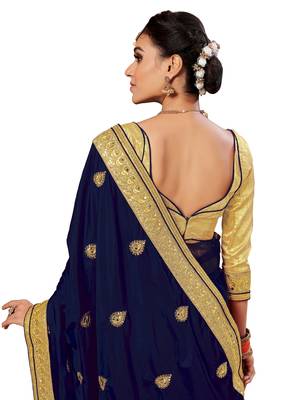 Trendmalls Navy Blue embroidered art silk   Traditional Wedding Party Wear Bridal Saree With Blouse   4