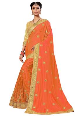 Trendmalls Orange Embroidered art silk   Traditional Wedding Party Wear Bridal Saree With Blouse   1