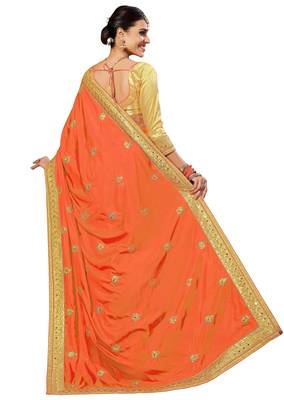 Trendmalls Orange Embroidered art silk   Traditional Wedding Party Wear Bridal Saree With Blouse   2