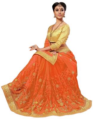 Trendmalls Orange Embroidered art silk   Traditional Wedding Party Wear Bridal Saree With Blouse   3