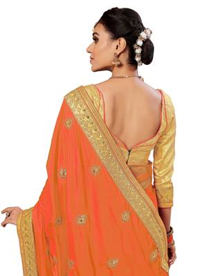 Trendmalls Orange Embroidered art silk   Traditional Wedding Party Wear Bridal Saree With Blouse   4