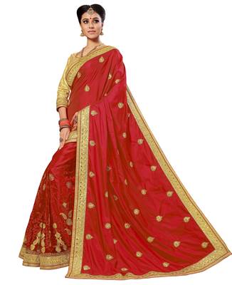 Trendmalls Red Embroidered art silk and net   Traditional Wedding Party Wear Bridal Saree With Blouse   3
