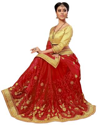 Trendmalls Red Embroidered art silk and net   Traditional Wedding Party Wear Bridal Saree With Blouse   4