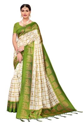 Green printed art silk saree with blouse 1