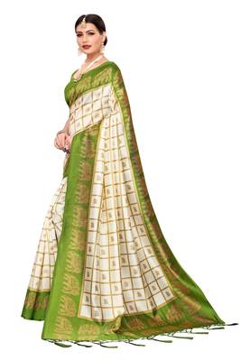 Green printed art silk saree with blouse 2