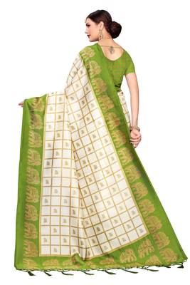 Green printed art silk saree with blouse 3