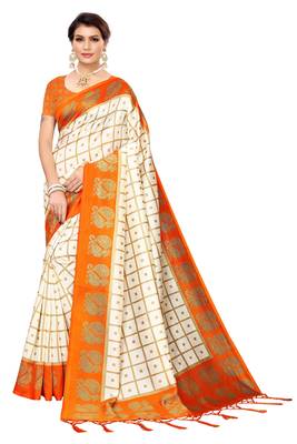 Orange printed art silk saree with blouse 1