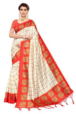 Red printed art silk saree with blouse 1