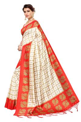 Red printed art silk saree with blouse 2