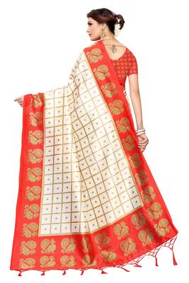 Red printed art silk saree with blouse 3