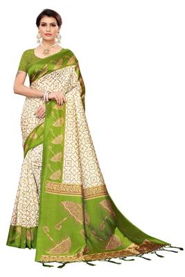 Green printed art silk saree with blouse 1