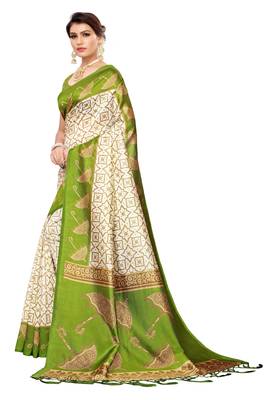Green printed art silk saree with blouse 2