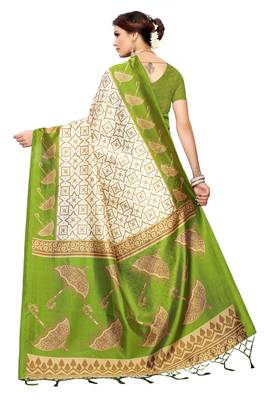 Green printed art silk saree with blouse 3