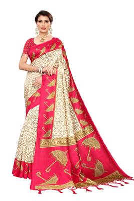 Pink printed art silk saree with blouse 1