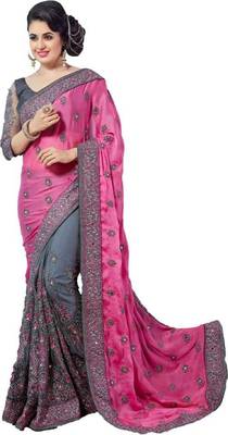 Pink embroidered raw silk saree with blouse 1