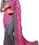 Pink embroidered raw silk saree with blouse