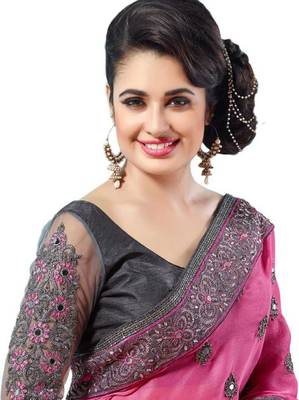 Pink embroidered raw silk saree with blouse 4