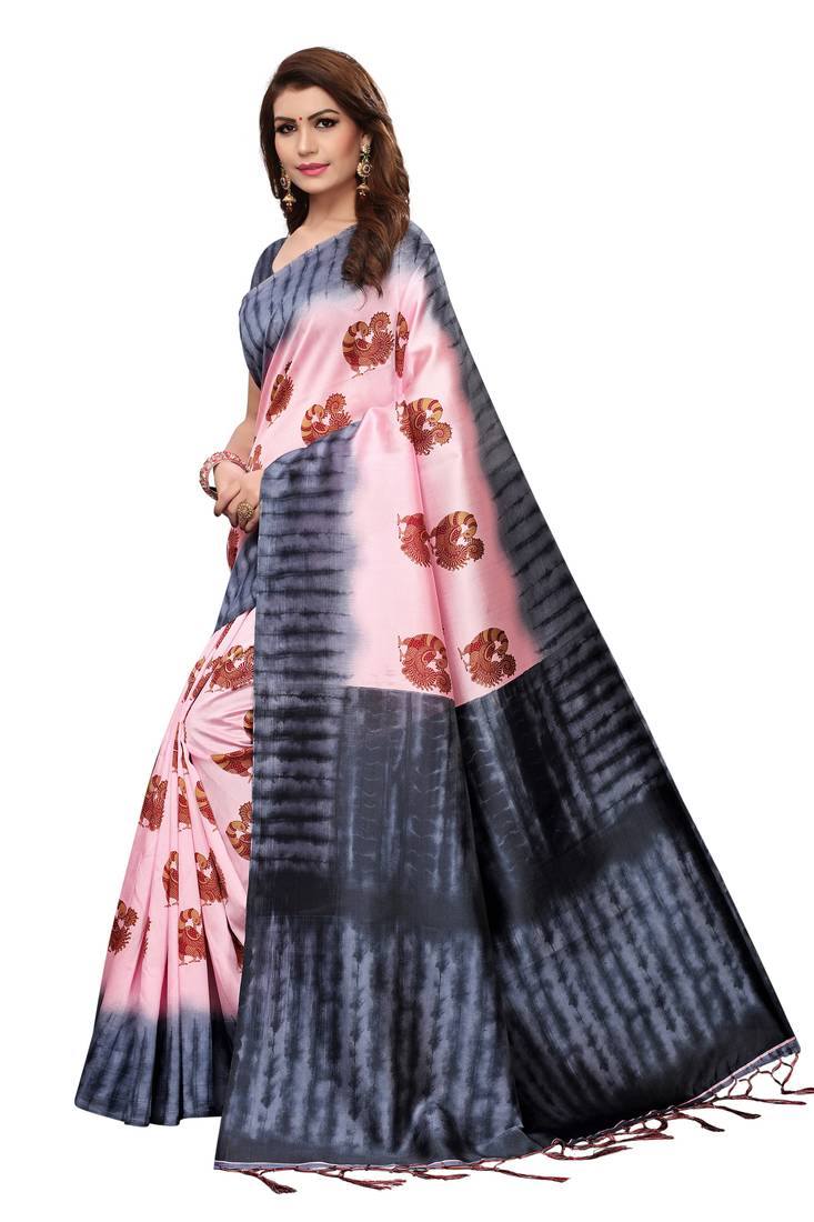 Pink printed art silk saree with blouse