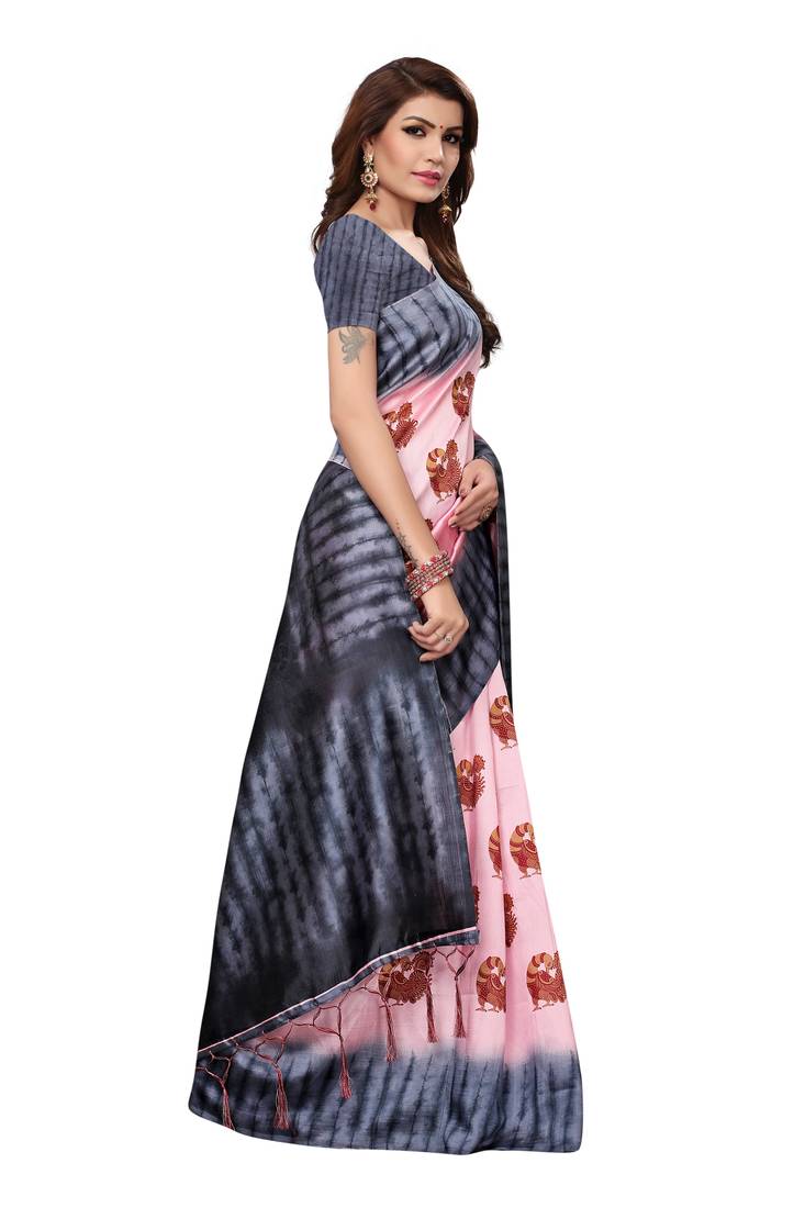 Pink printed art silk saree with blouse