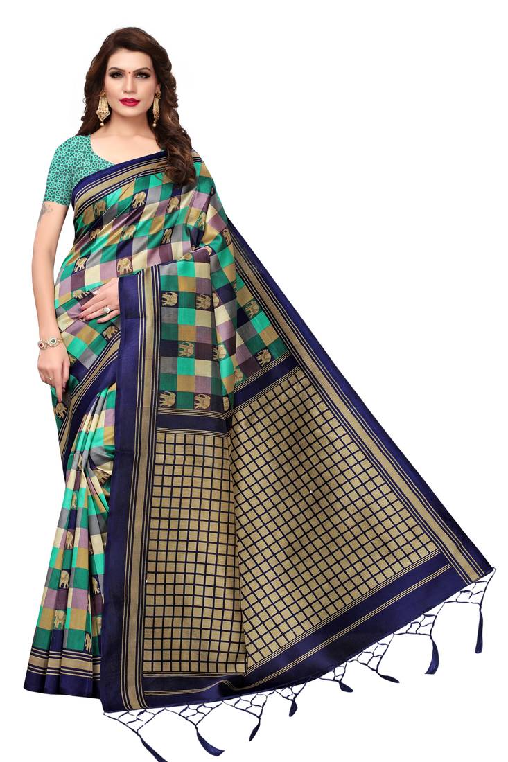 Green Printed Art Silk Saree With Blouse